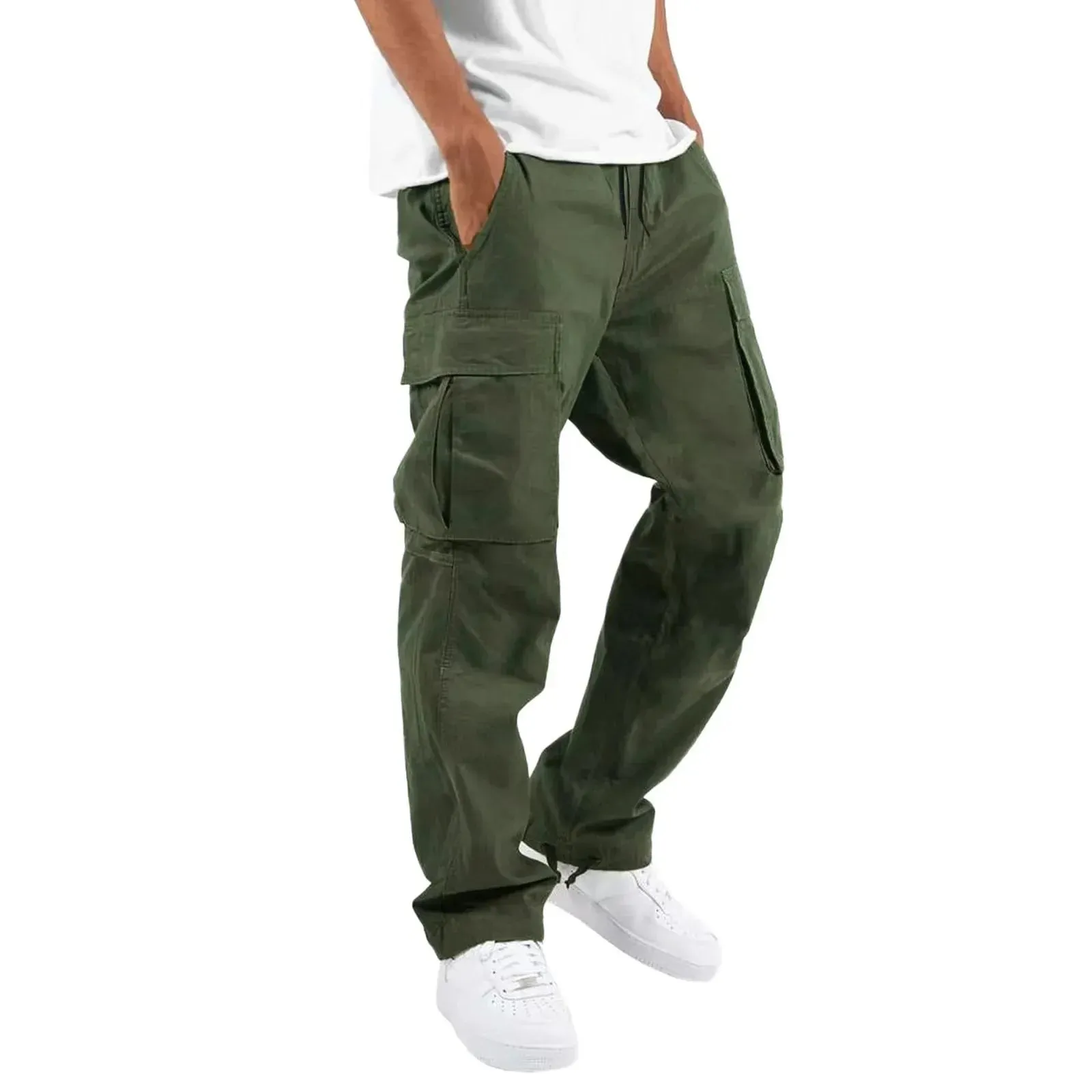 Pants: Cargo Pants. Full Length. Solid Colors. Loose Multi-pocket. Drawstring.
