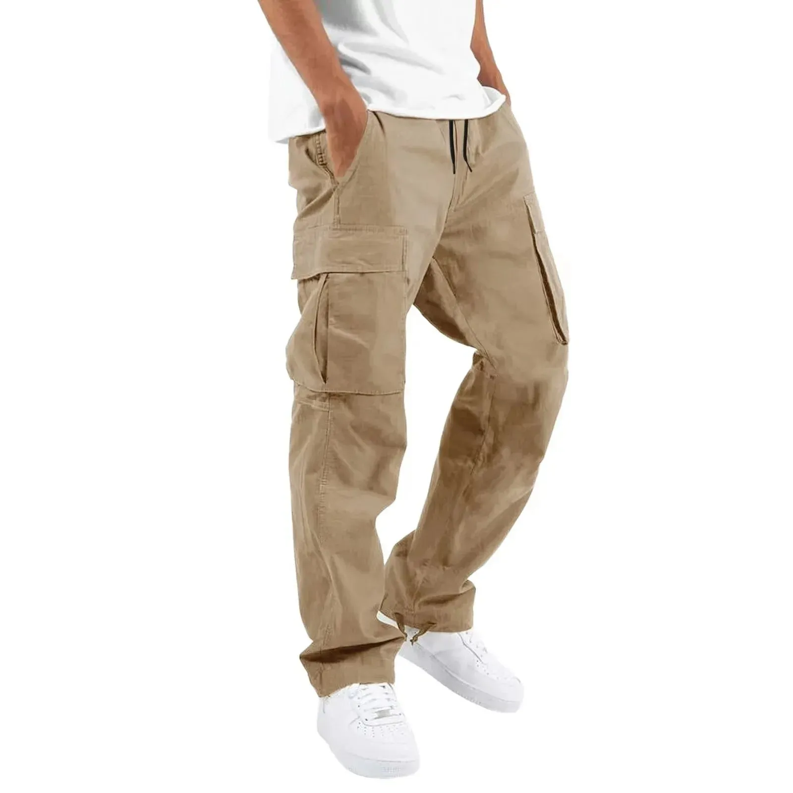 Pants: Cargo Pants. Full Length. Solid Colors. Loose Multi-pocket. Drawstring.
