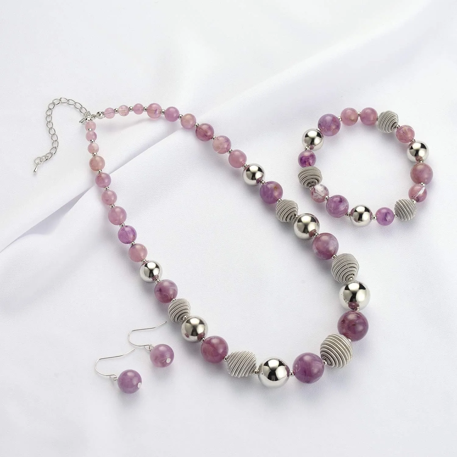 PEARL&CLUB Beaded Chunky Statement Necklace Earring and Bracelet Set Silver Metal Bead Fashion Jewelry Set Mothers Day Gifts for Women