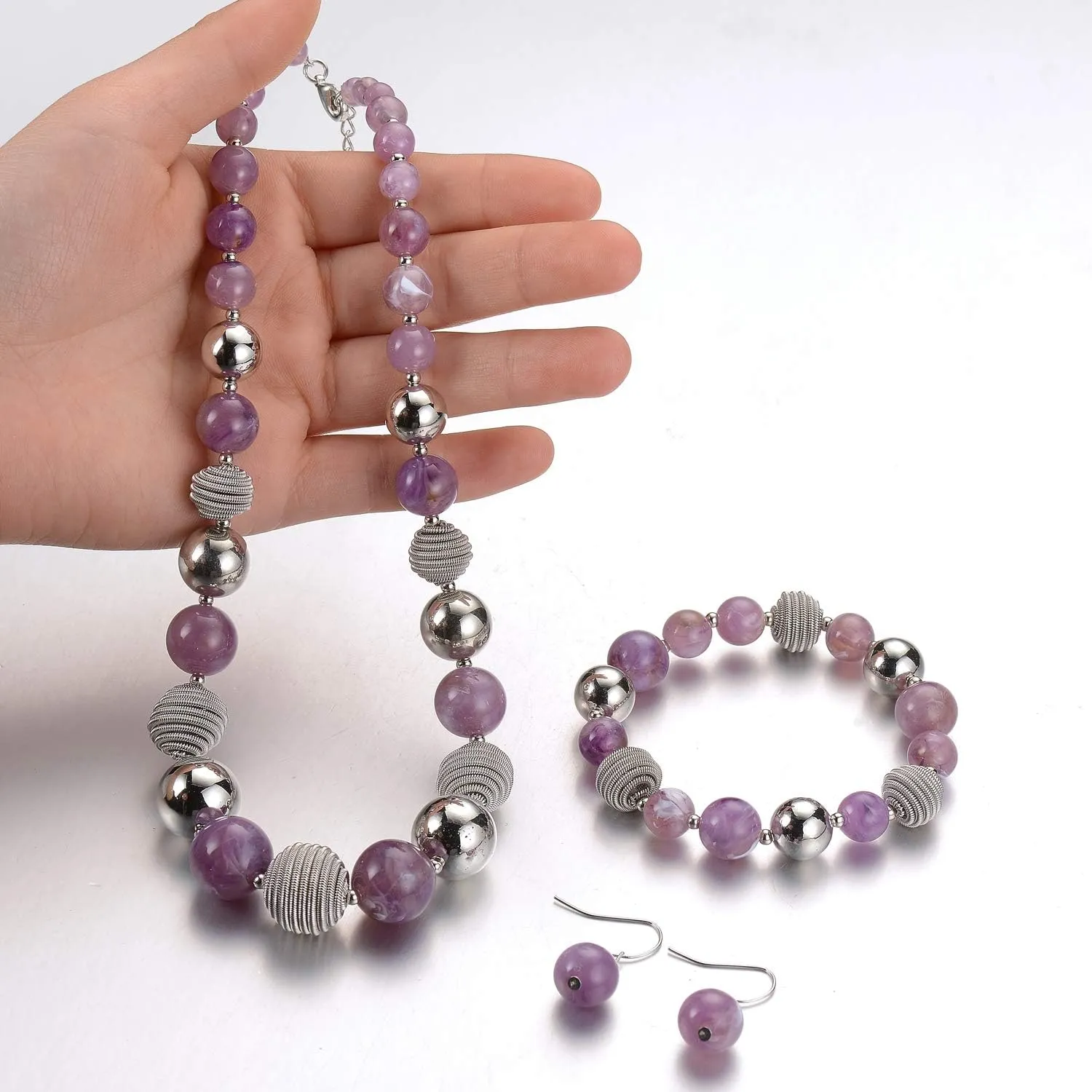 PEARL&CLUB Beaded Chunky Statement Necklace Earring and Bracelet Set Silver Metal Bead Fashion Jewelry Set Mothers Day Gifts for Women