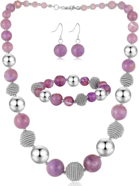 PEARL&CLUB Beaded Chunky Statement Necklace Earring and Bracelet Set Silver Metal Bead Fashion Jewelry Set Mothers Day Gifts for Women