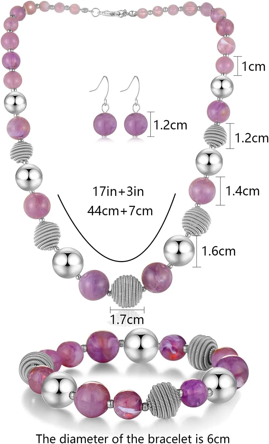 PEARL&CLUB Beaded Chunky Statement Necklace Earring and Bracelet Set Silver Metal Bead Fashion Jewelry Set Mothers Day Gifts for Women