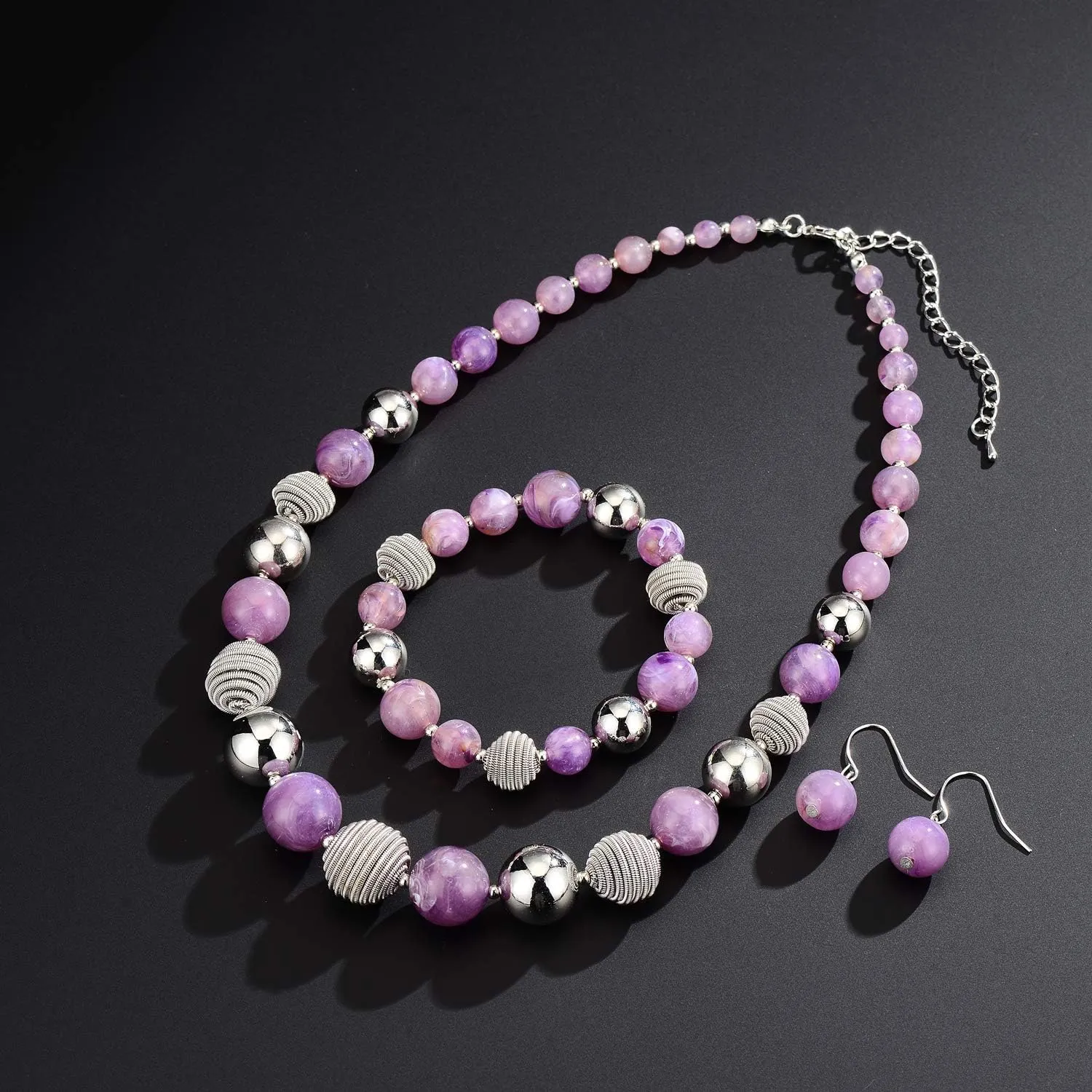 PEARL&CLUB Beaded Chunky Statement Necklace Earring and Bracelet Set Silver Metal Bead Fashion Jewelry Set Mothers Day Gifts for Women