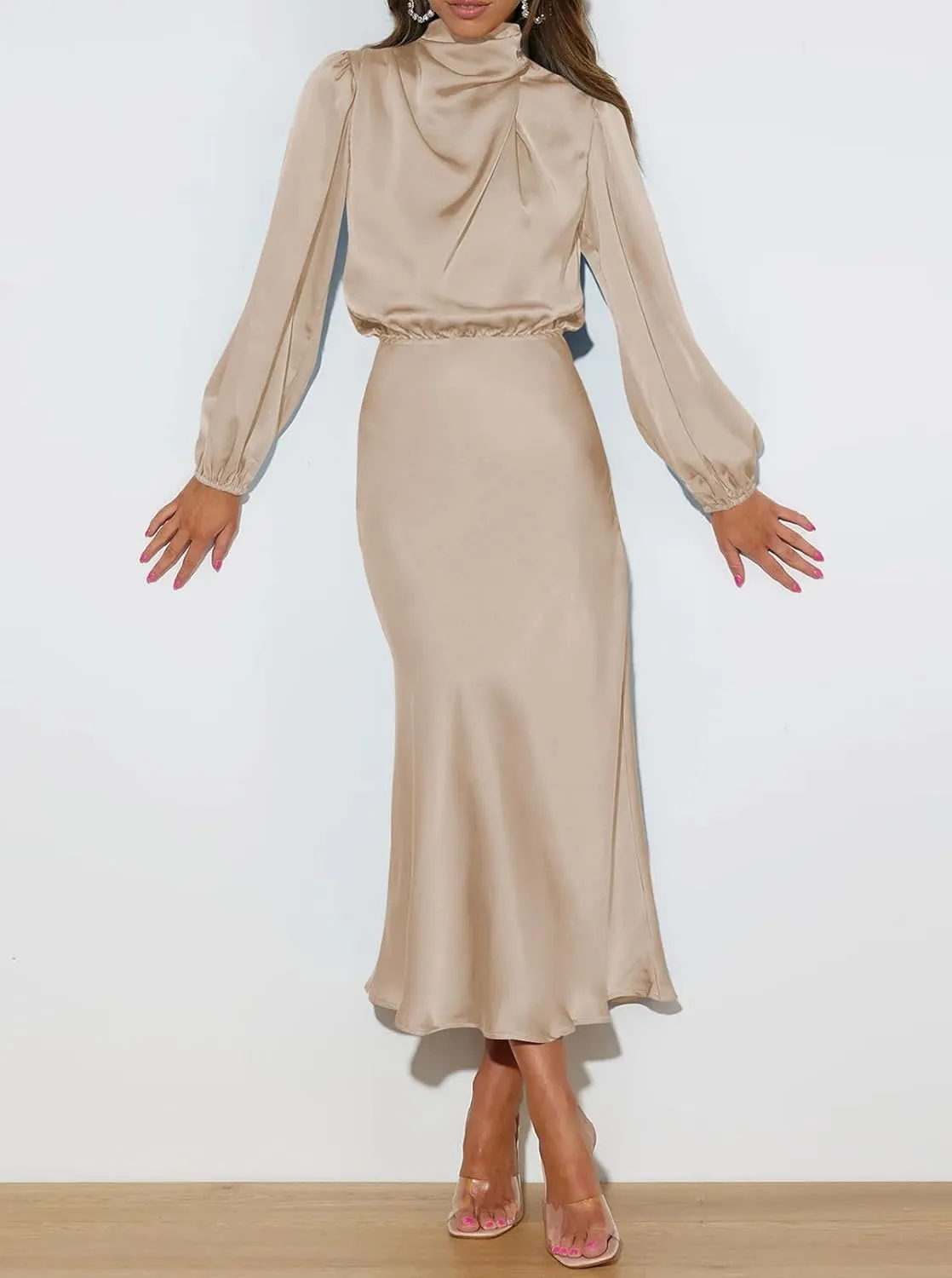 Pink Queen Women's Elegant Long Sleeve Satin Dress Mock Neck Elastic Waist Cocktail Party Wedding Guest Midi Dresses