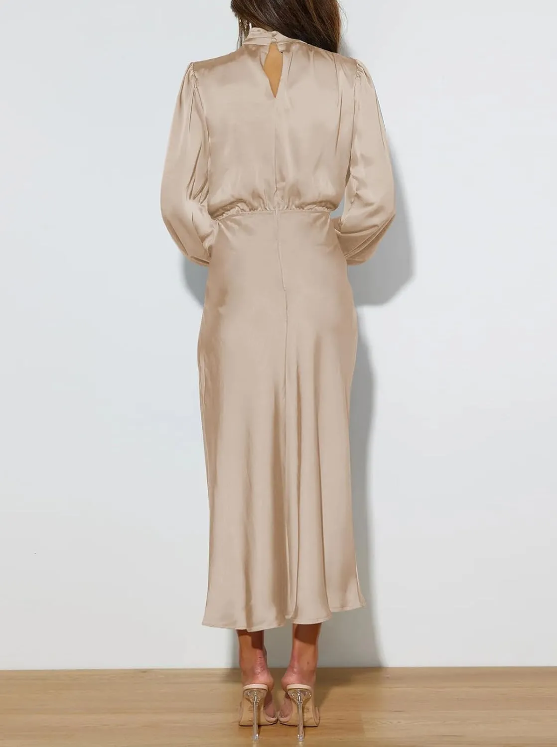 Pink Queen Women's Elegant Long Sleeve Satin Dress Mock Neck Elastic Waist Cocktail Party Wedding Guest Midi Dresses