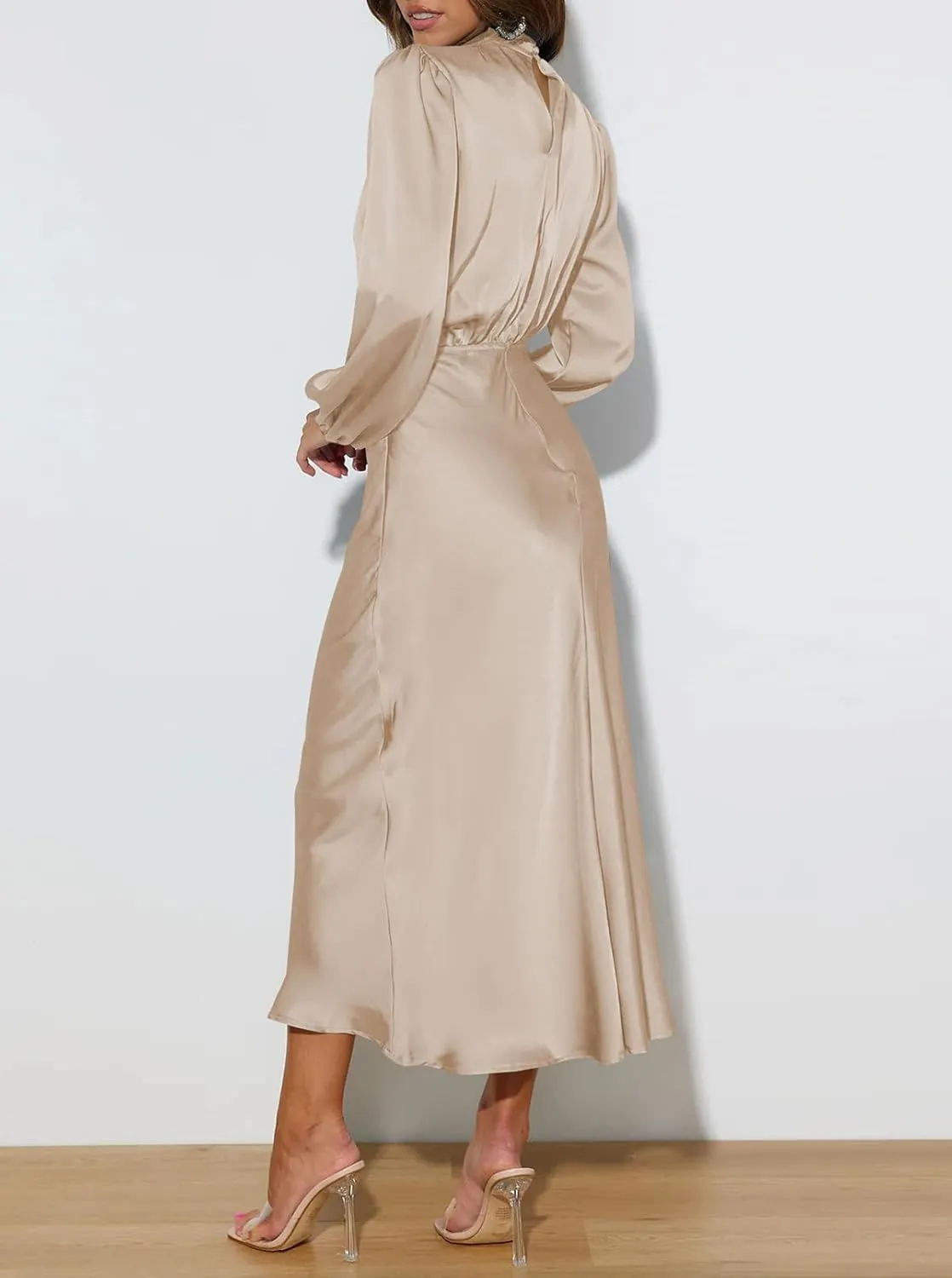 Pink Queen Women's Elegant Long Sleeve Satin Dress Mock Neck Elastic Waist Cocktail Party Wedding Guest Midi Dresses