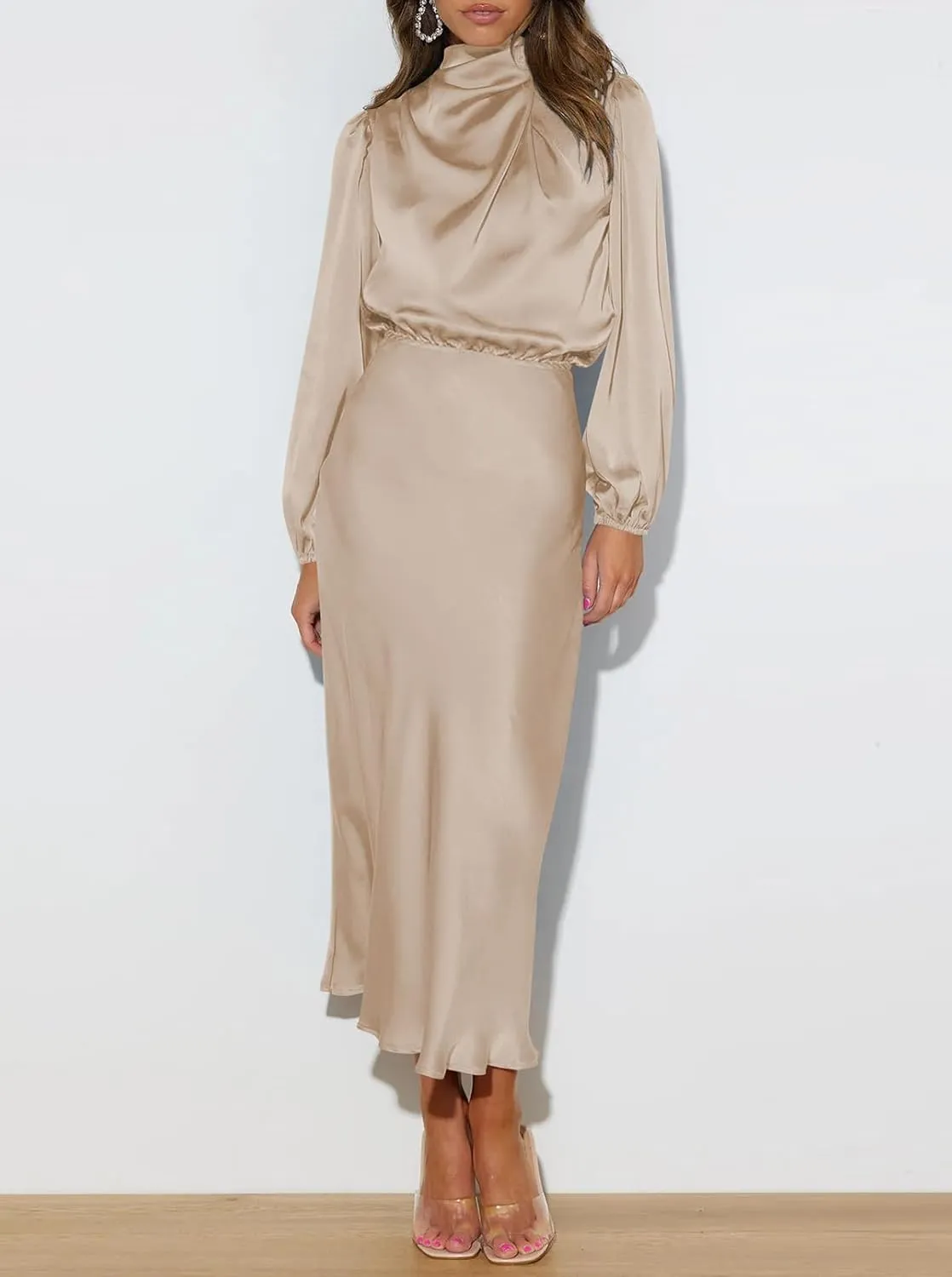 Pink Queen Women's Elegant Long Sleeve Satin Dress Mock Neck Elastic Waist Cocktail Party Wedding Guest Midi Dresses
