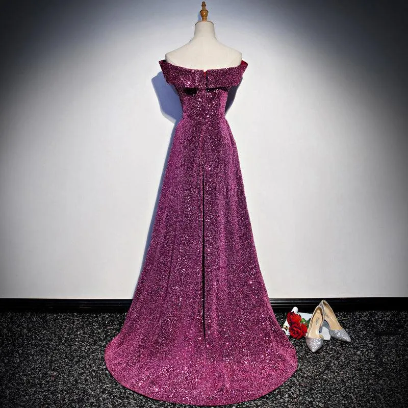 Purple off-shoulder elegant evening gown