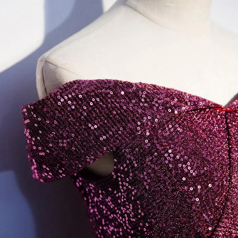 Purple off-shoulder elegant evening gown