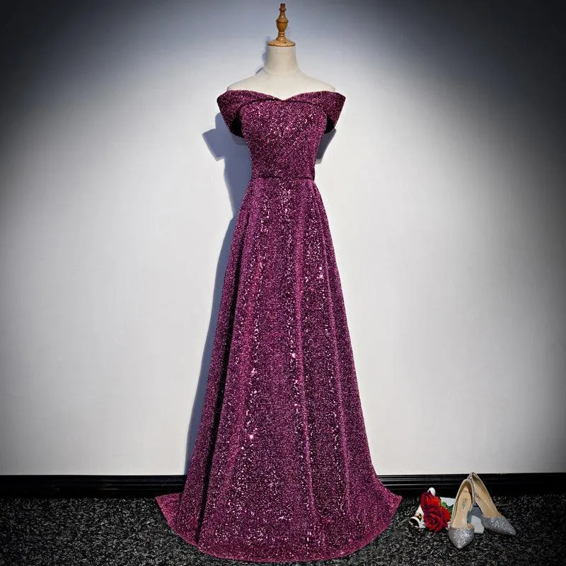 Purple off-shoulder elegant evening gown