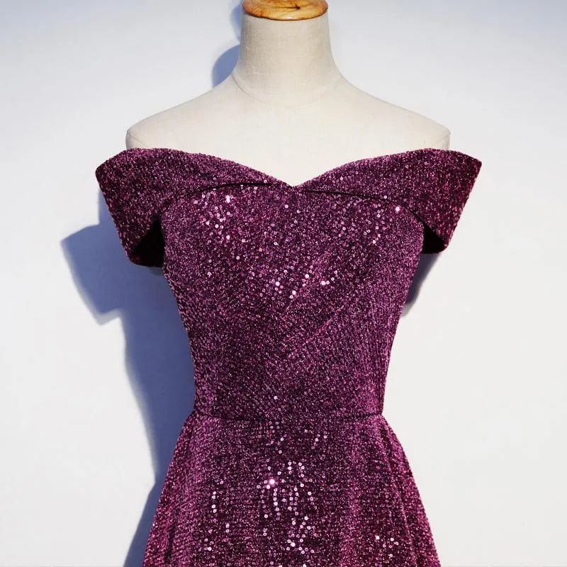 Purple off-shoulder elegant evening gown
