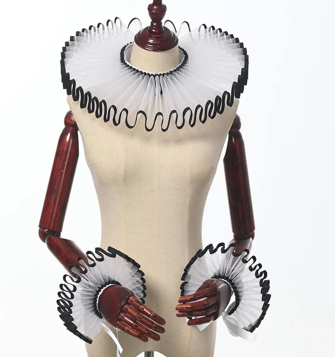 Renaissance Victorian Ruffle Collar and Wrist Cuffs Set Organza Colonial Clown Choker Neck Collar Cuff