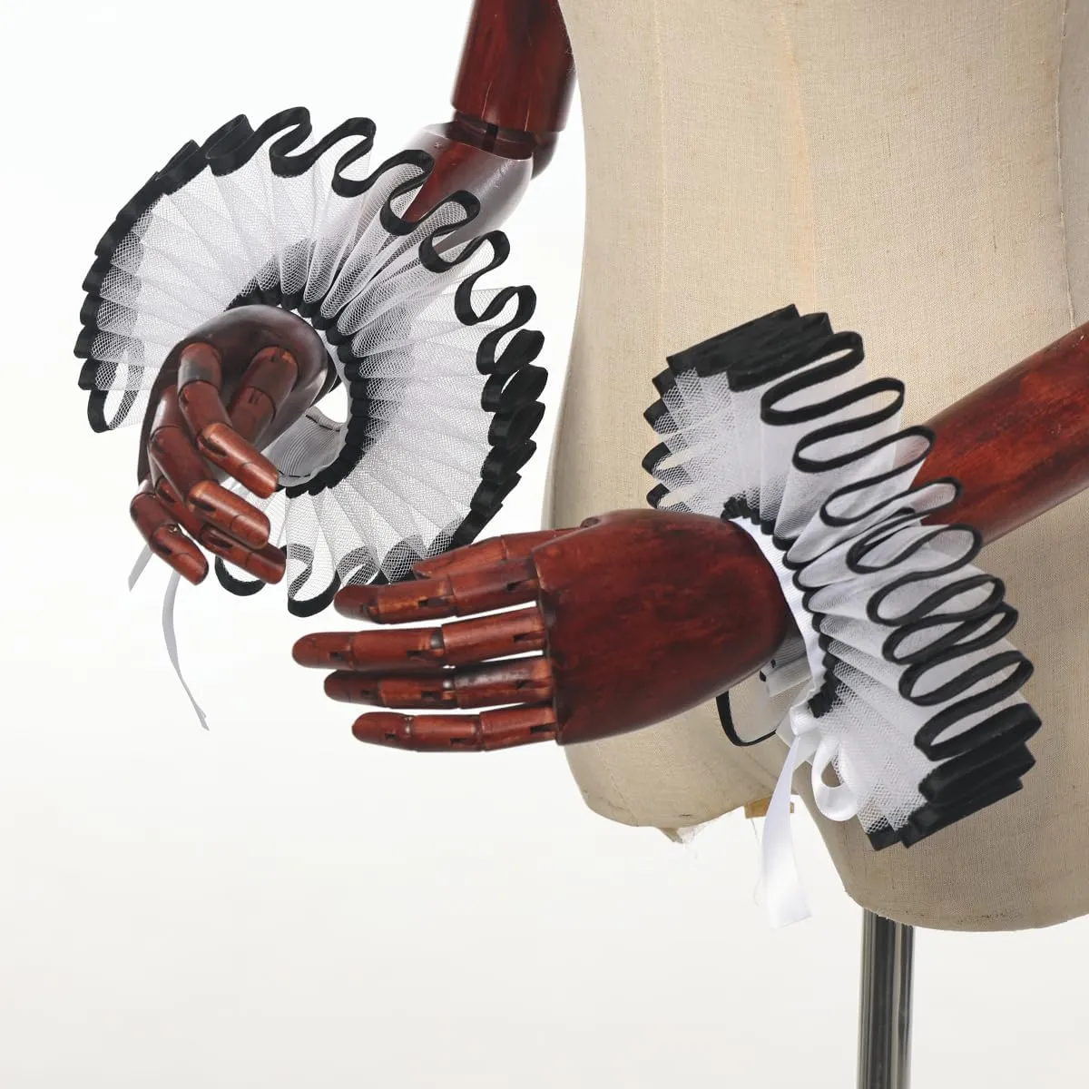 Renaissance Victorian Ruffle Collar and Wrist Cuffs Set Organza Colonial Clown Choker Neck Collar Cuff