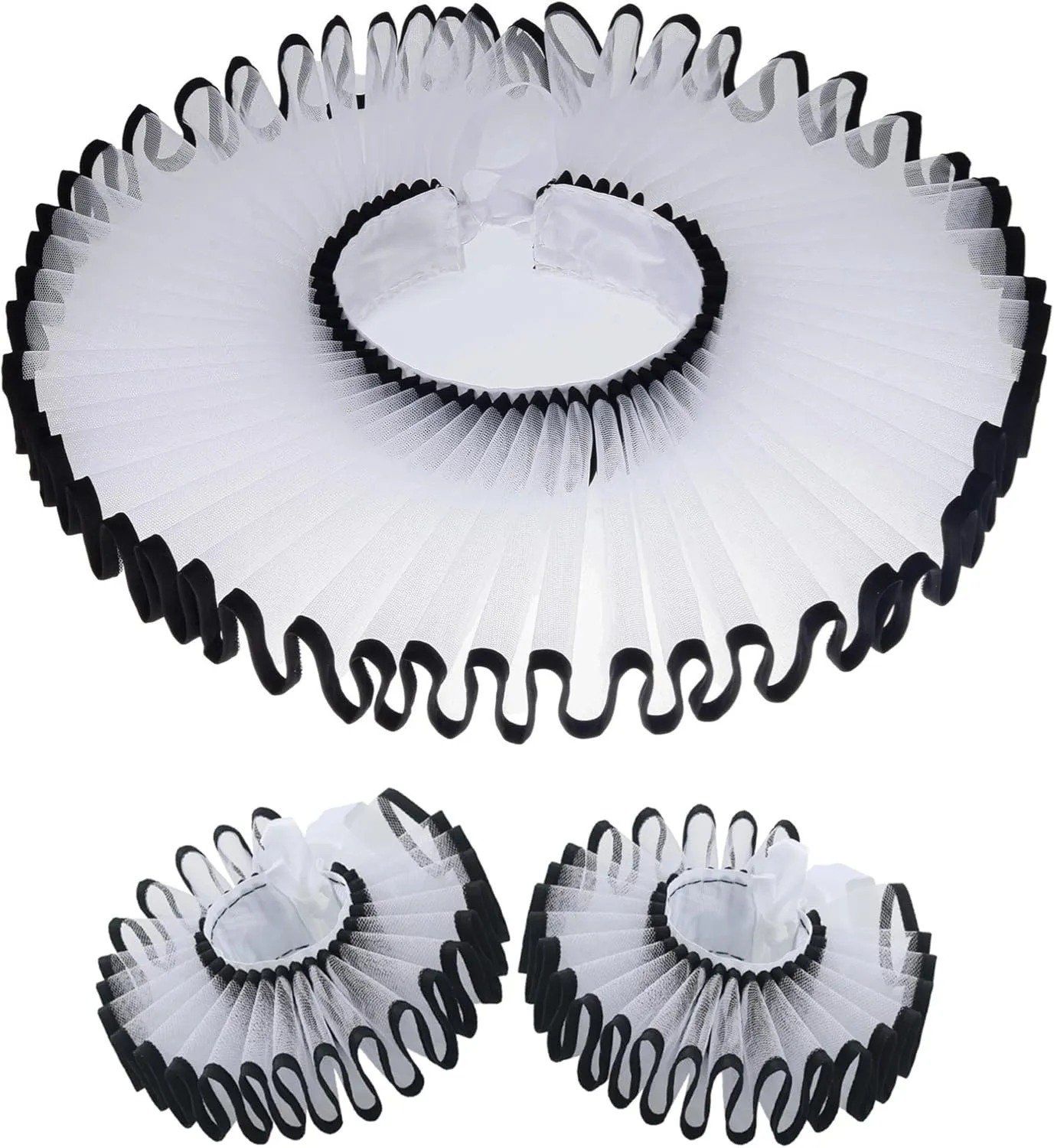 Renaissance Victorian Ruffle Collar and Wrist Cuffs Set Organza Colonial Clown Choker Neck Collar Cuff