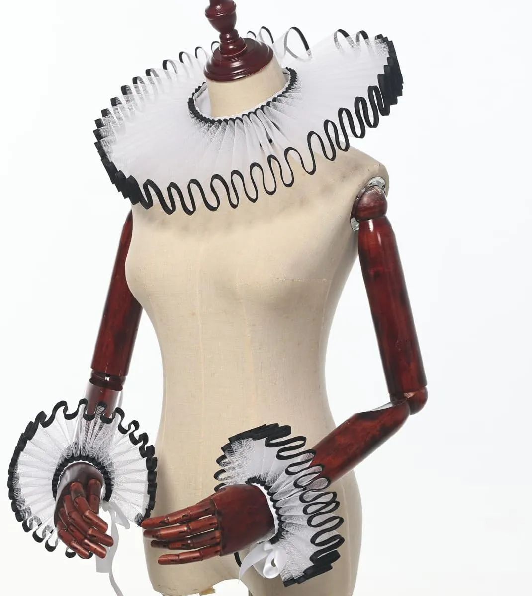 Renaissance Victorian Ruffle Collar and Wrist Cuffs Set Organza Colonial Clown Choker Neck Collar Cuff