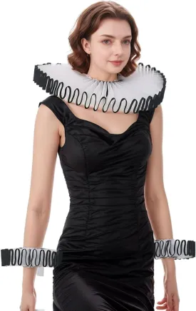 Renaissance Victorian Ruffle Collar and Wrist Cuffs Set Organza Colonial Clown Choker Neck Collar Cuff
