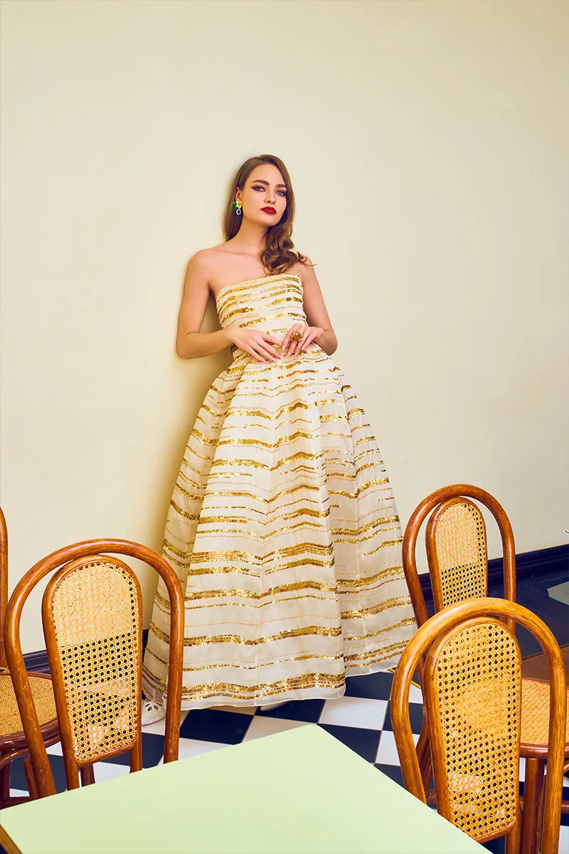 Sequins Embellished Silk Gazar Strapless Ball Gown in Cream