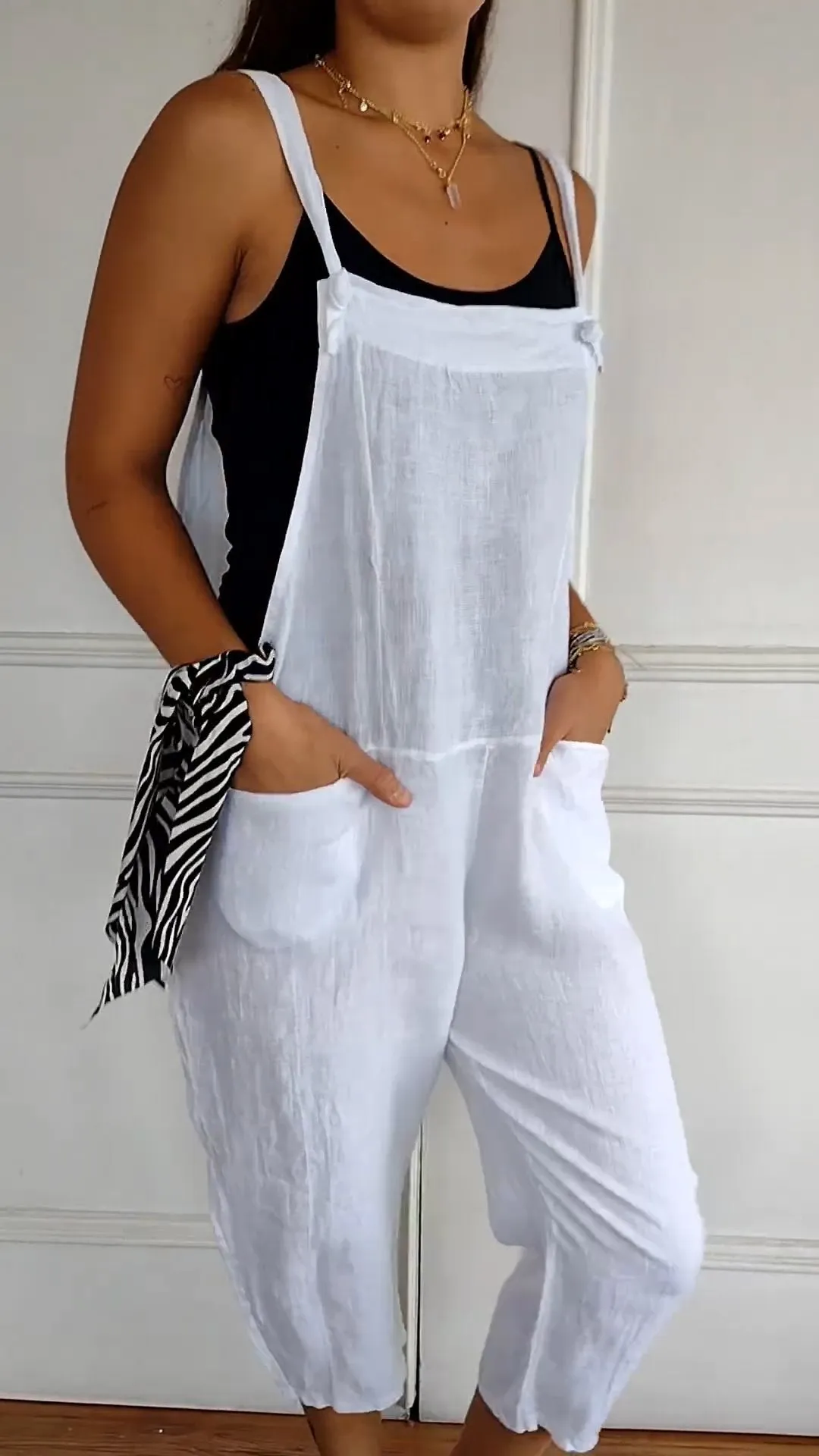Solid Color Cotton and Linen Jumpsuit