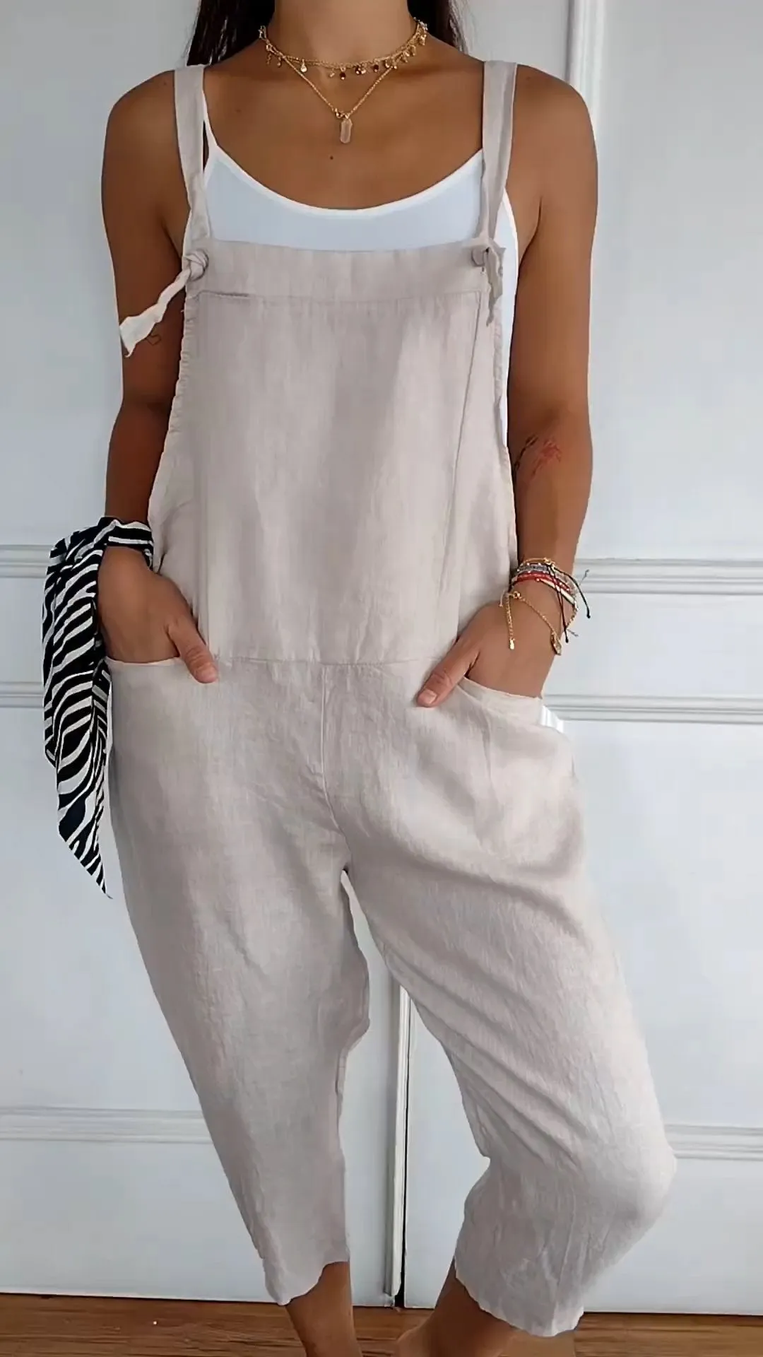 Solid Color Cotton and Linen Jumpsuit