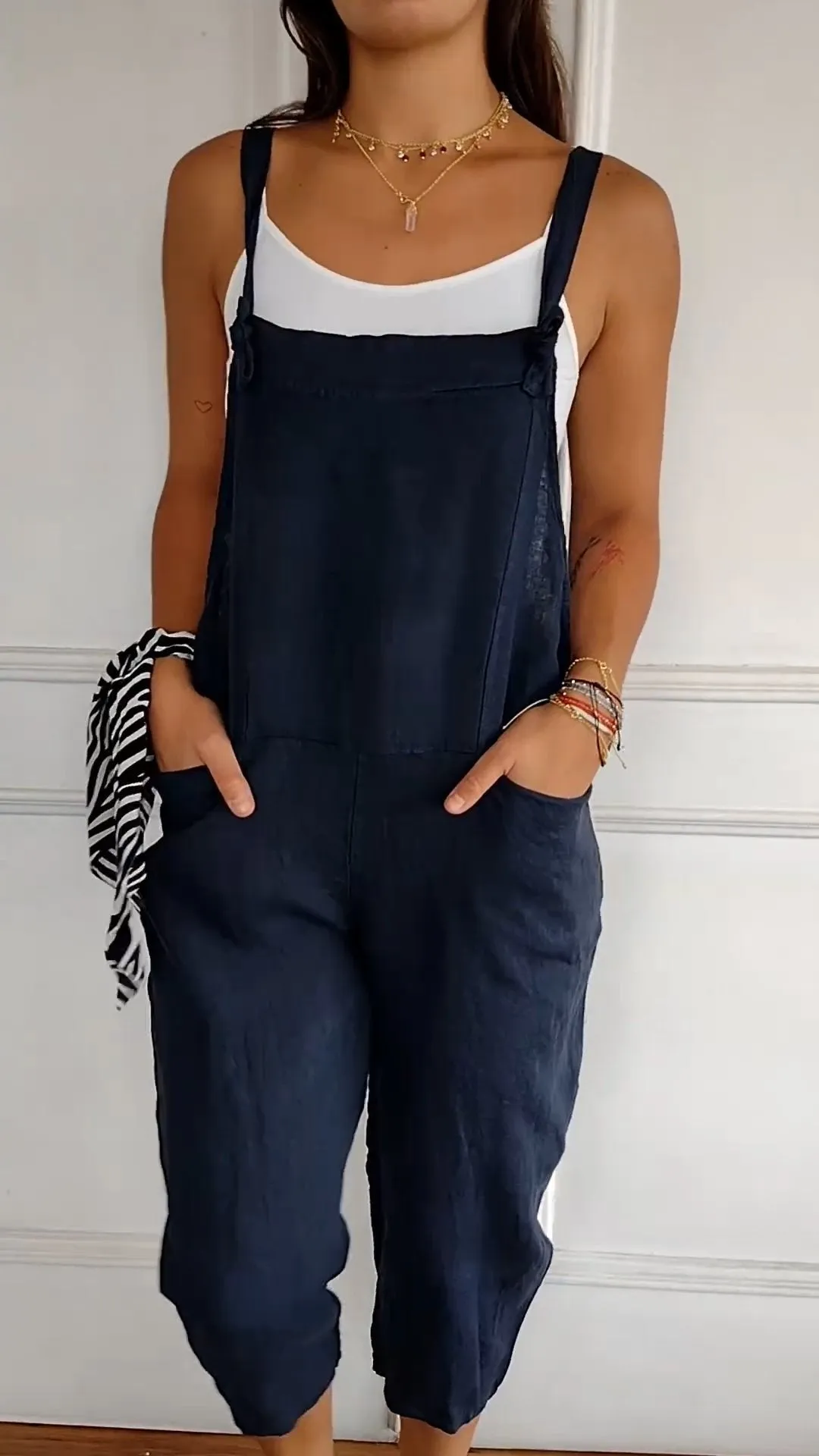 Solid Color Cotton and Linen Jumpsuit