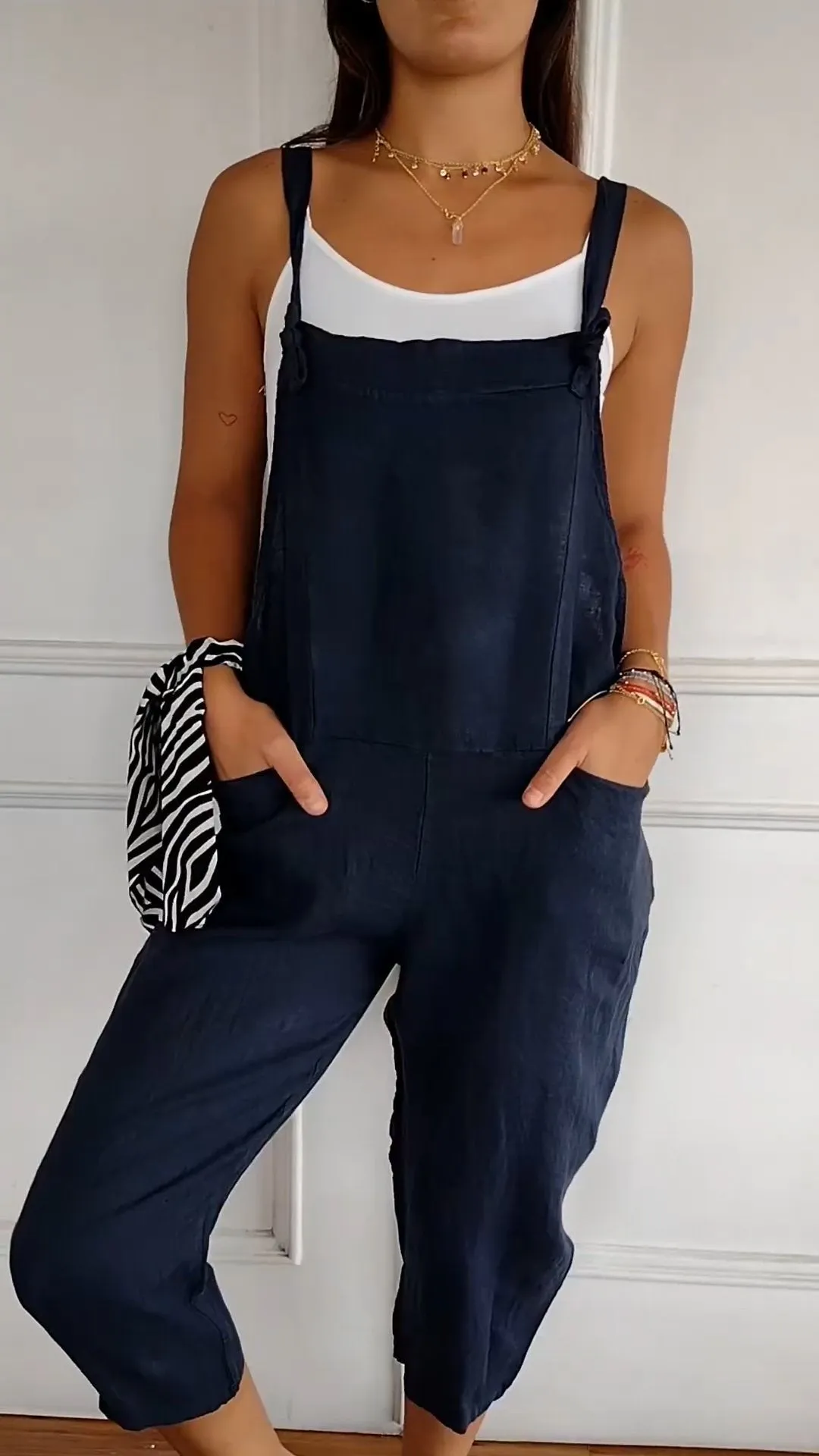 Solid Color Cotton and Linen Jumpsuit