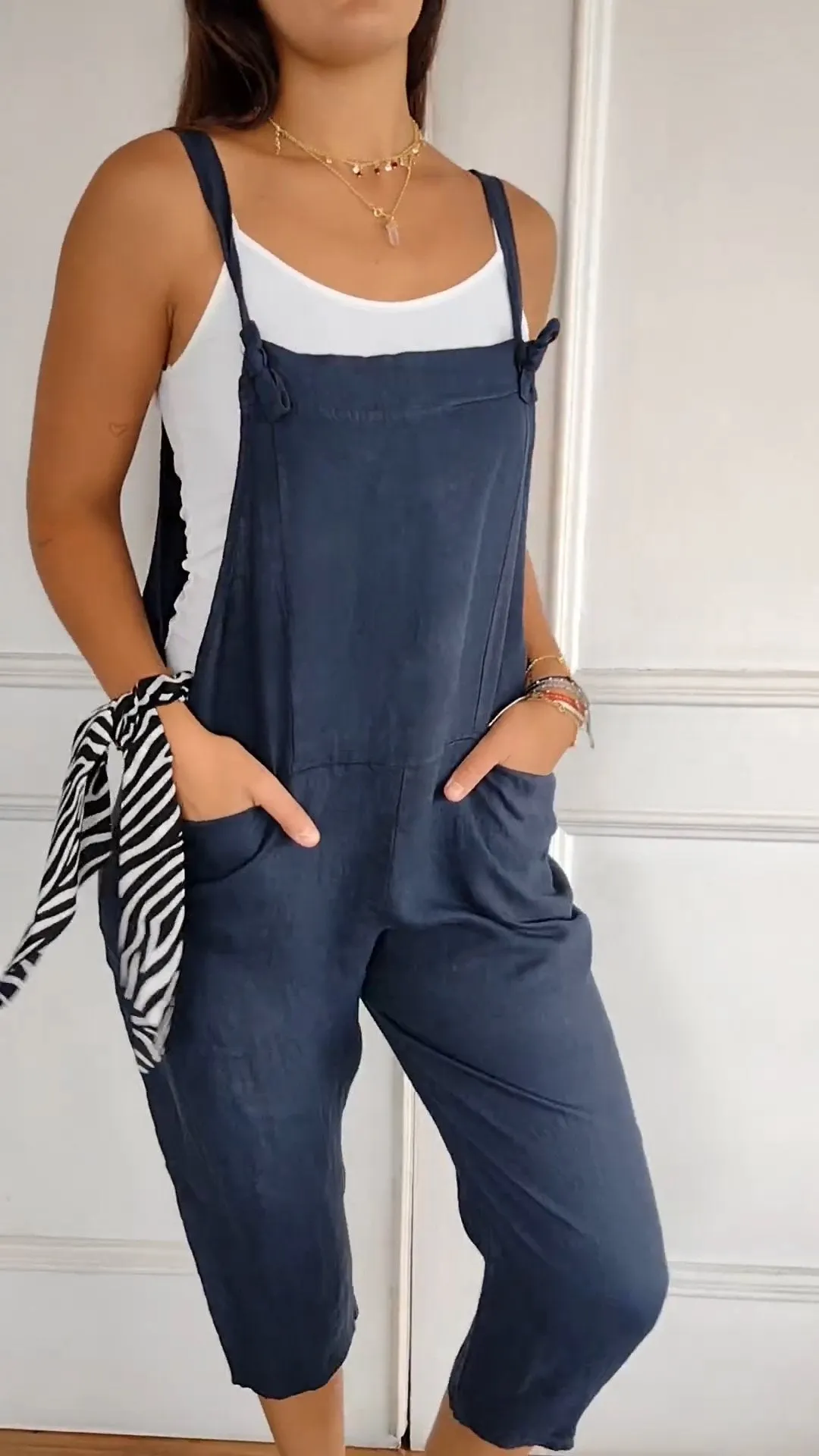 Solid Color Cotton and Linen Jumpsuit