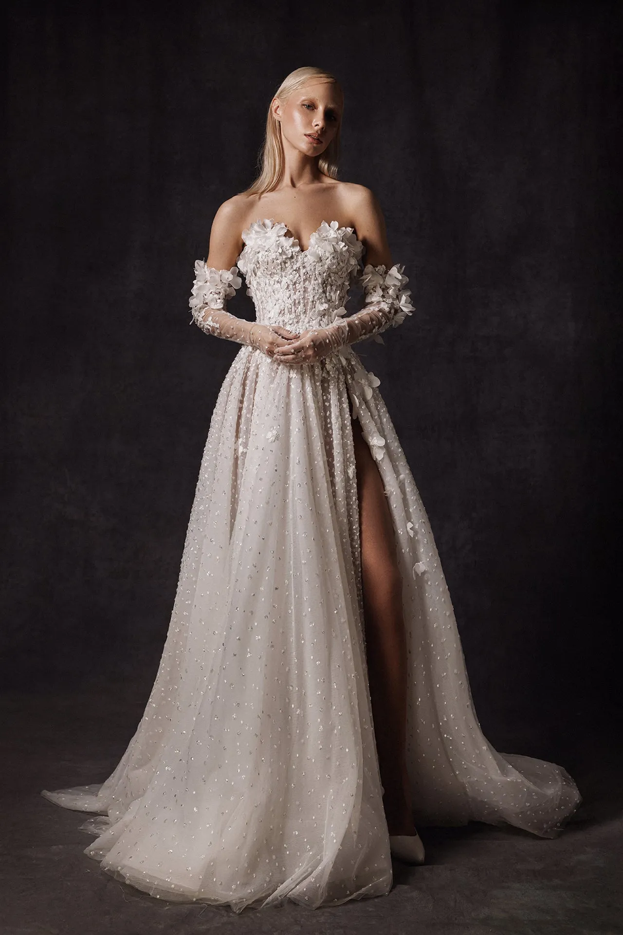 Strapless A-Line Wedding Gown with Floral Sweetheart Neckline and Embroidered Sequins