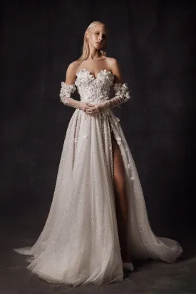 Strapless A-Line Wedding Gown with Floral Sweetheart Neckline and Embroidered Sequins