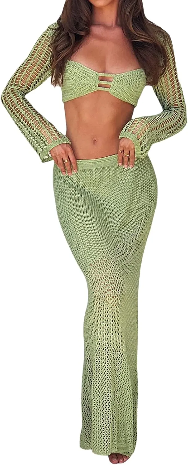 Tsnbre Knit Sets Two Piece Skirt Outfits for Women Hollow Out Long Sleeve Crop Top Bodycon Maxi Dress 2 Piece Summer Set