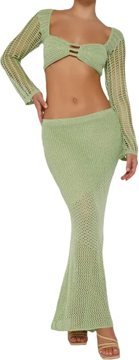 Tsnbre Knit Sets Two Piece Skirt Outfits for Women Hollow Out Long Sleeve Crop Top Bodycon Maxi Dress 2 Piece Summer Set