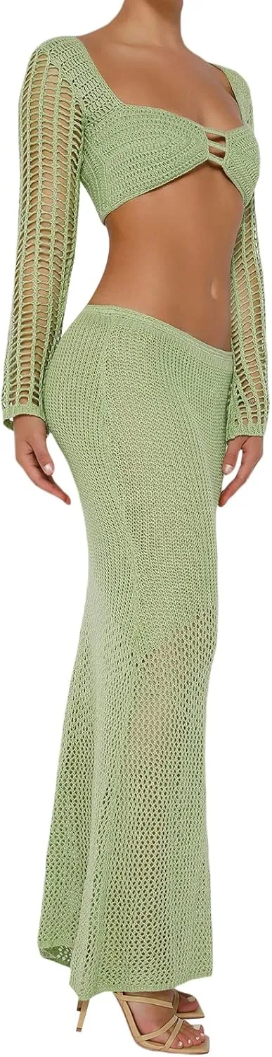 Tsnbre Knit Sets Two Piece Skirt Outfits for Women Hollow Out Long Sleeve Crop Top Bodycon Maxi Dress 2 Piece Summer Set