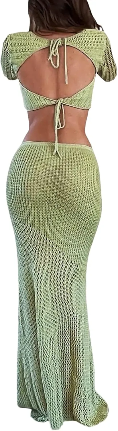 Tsnbre Knit Sets Two Piece Skirt Outfits for Women Hollow Out Long Sleeve Crop Top Bodycon Maxi Dress 2 Piece Summer Set