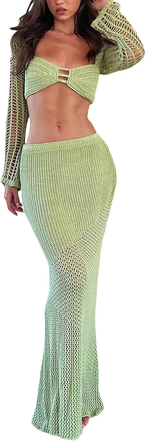 Tsnbre Knit Sets Two Piece Skirt Outfits for Women Hollow Out Long Sleeve Crop Top Bodycon Maxi Dress 2 Piece Summer Set