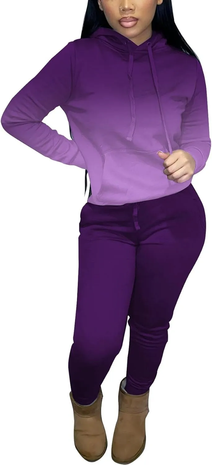 Two Piece Outfits For Women Casual Long Sleeve Hoodie Sweatshirts Jogger Sweatpants Tracksuit Sweatsuit Lounge Sets-Gradient-S