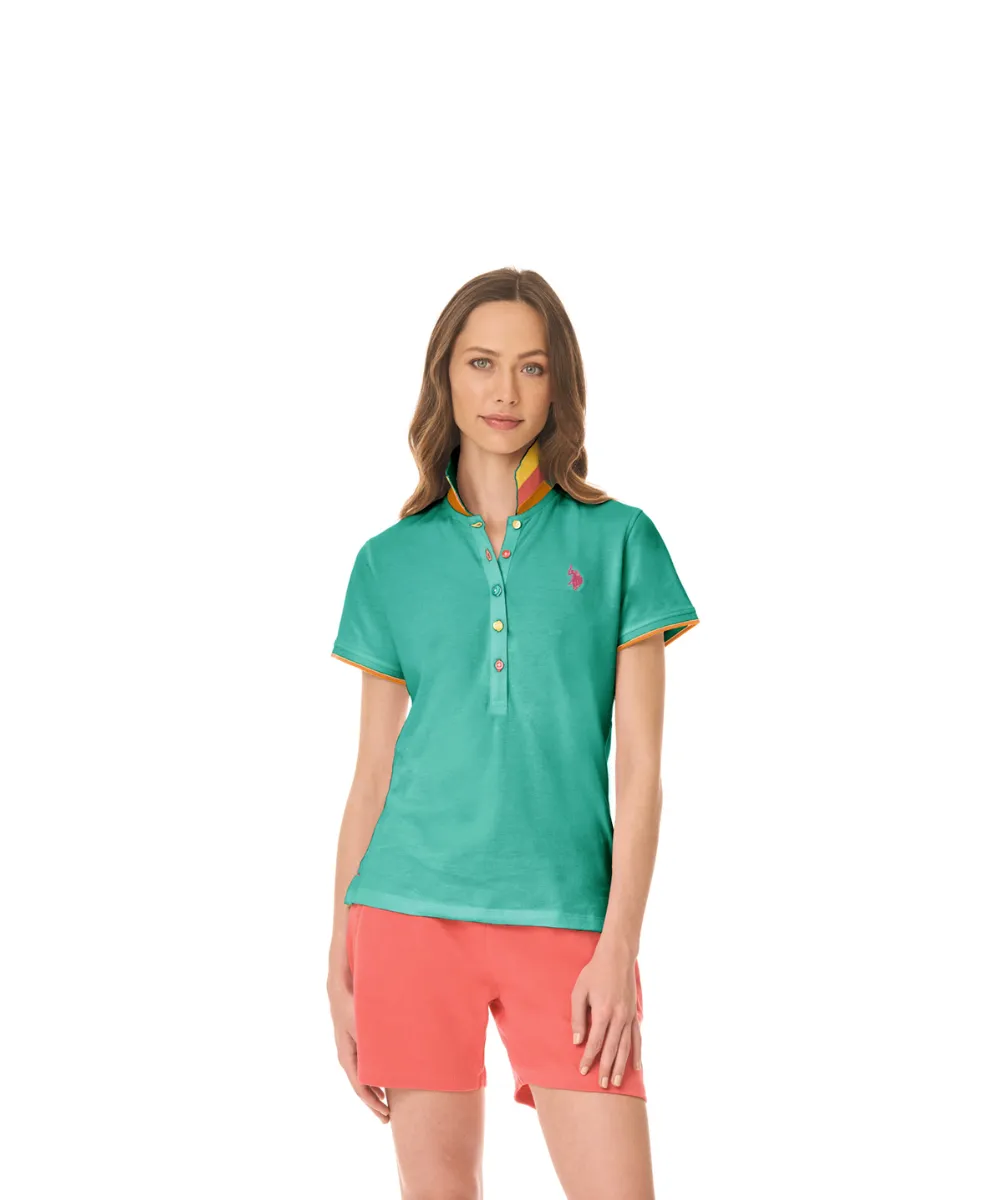 US POLO WOMEN COTTON PIQUE POLO SHIRT WITH TRICOLOR COLLAR