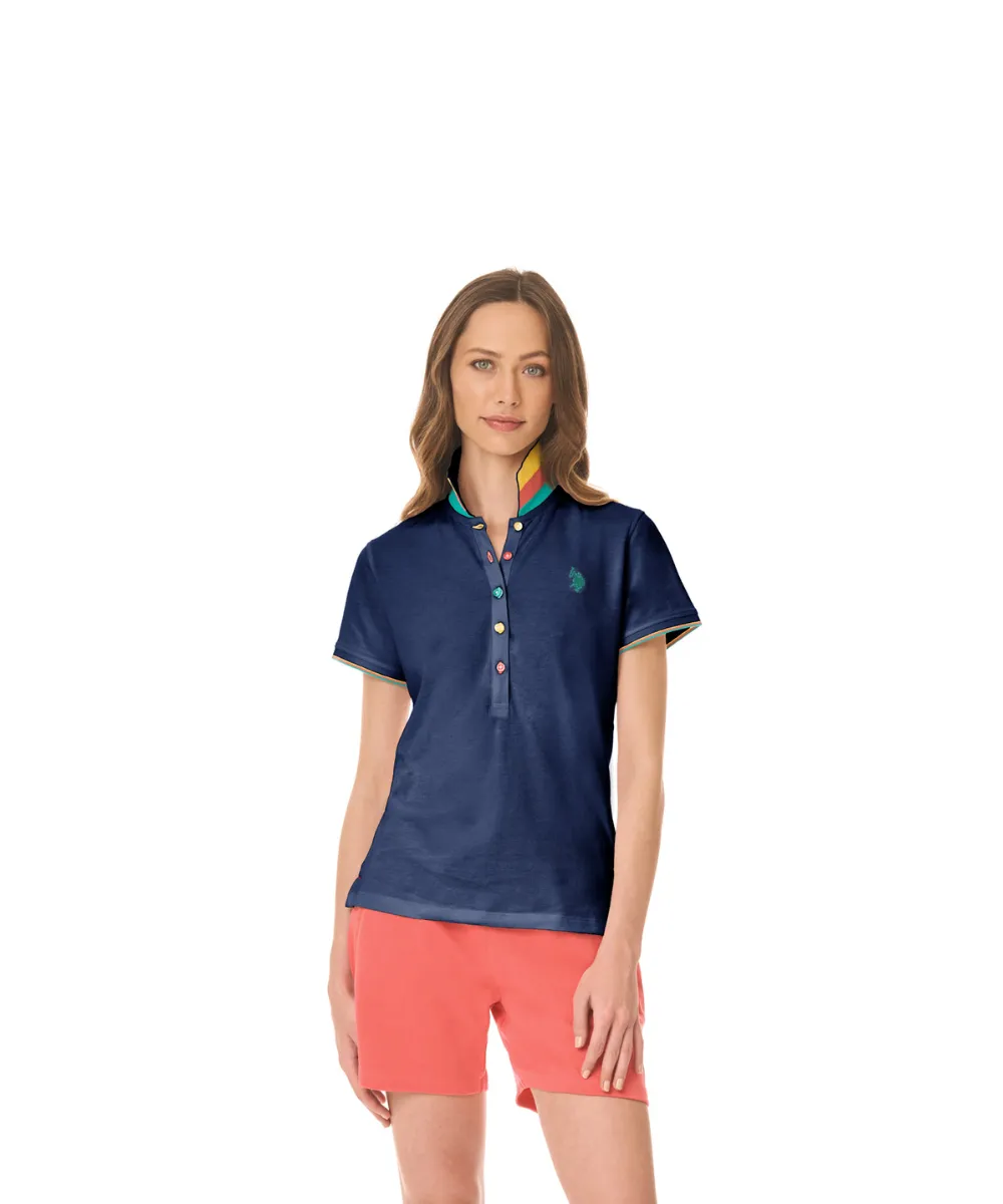 US POLO WOMEN COTTON PIQUE POLO SHIRT WITH TRICOLOR COLLAR
