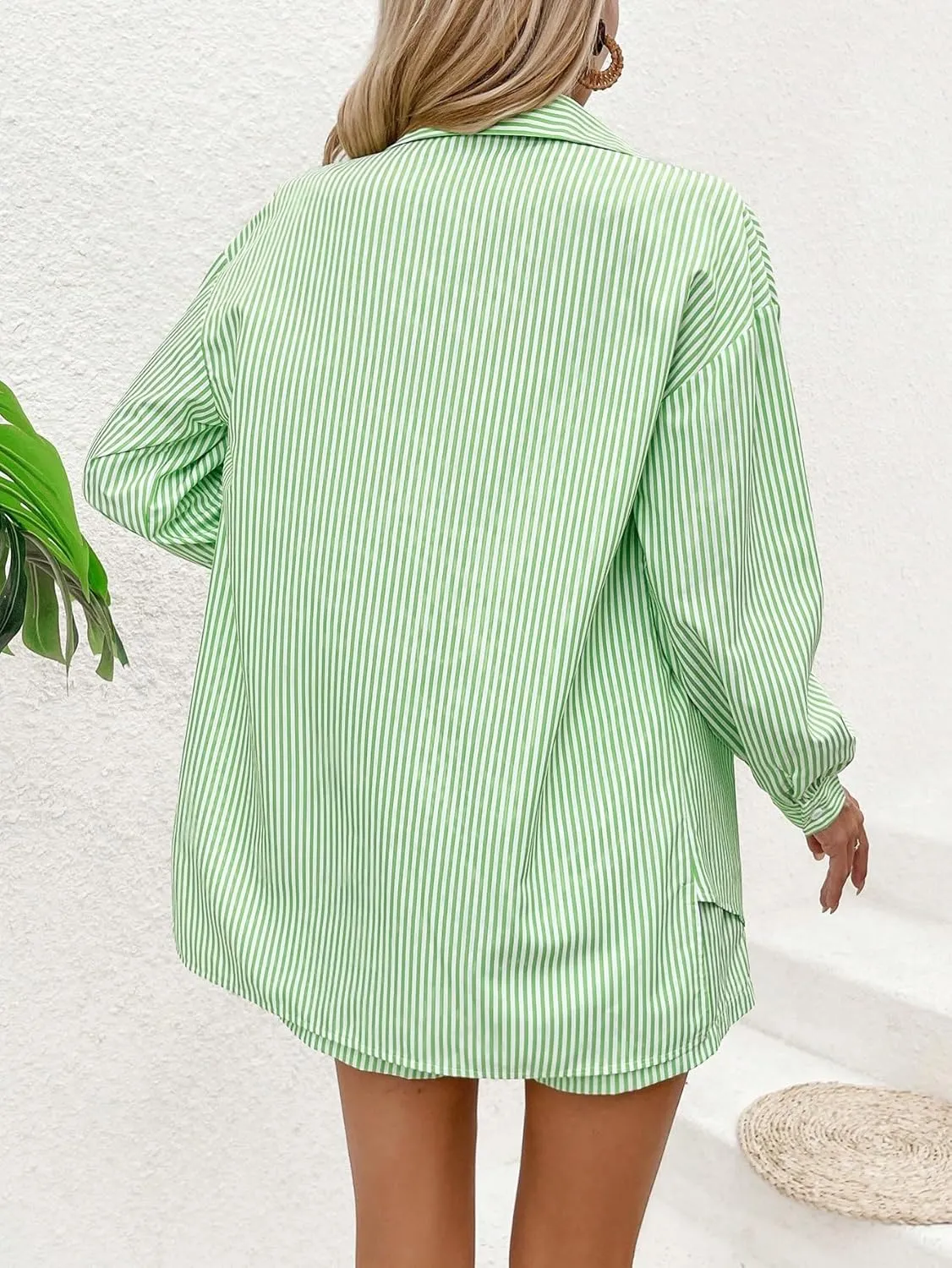 Verdusa Women's 2 Piece Outfit Button Long Sleeve Striped Shirt and Shorts Sets