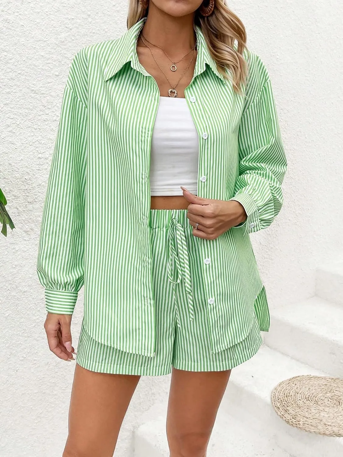 Verdusa Women's 2 Piece Outfit Button Long Sleeve Striped Shirt and Shorts Sets
