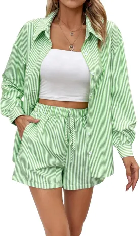 Verdusa Women's 2 Piece Outfit Button Long Sleeve Striped Shirt and Shorts Sets