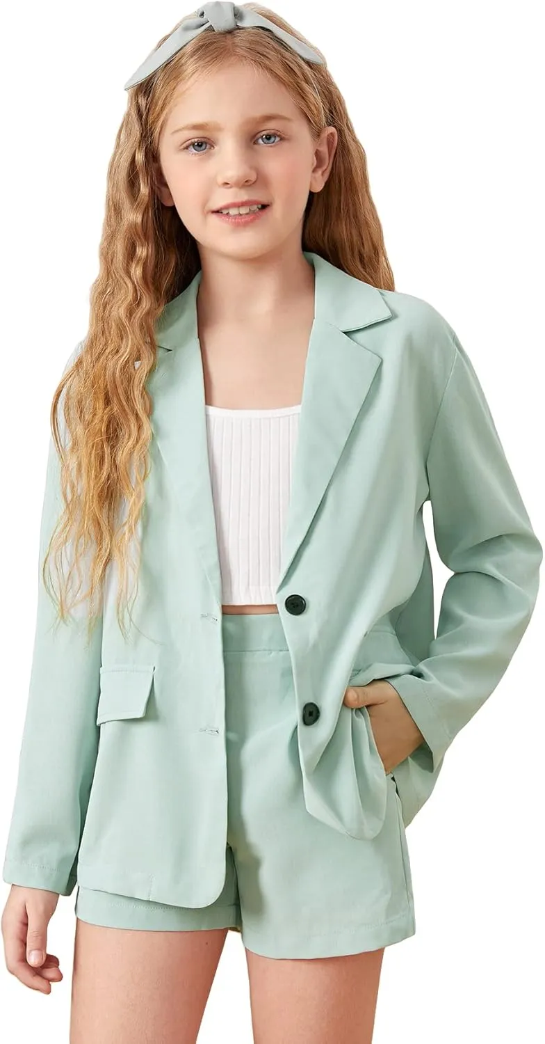 WDIRARA Girl's 2 Piece Outfits Button Front Long Sleeve Blazer and Shorts Set