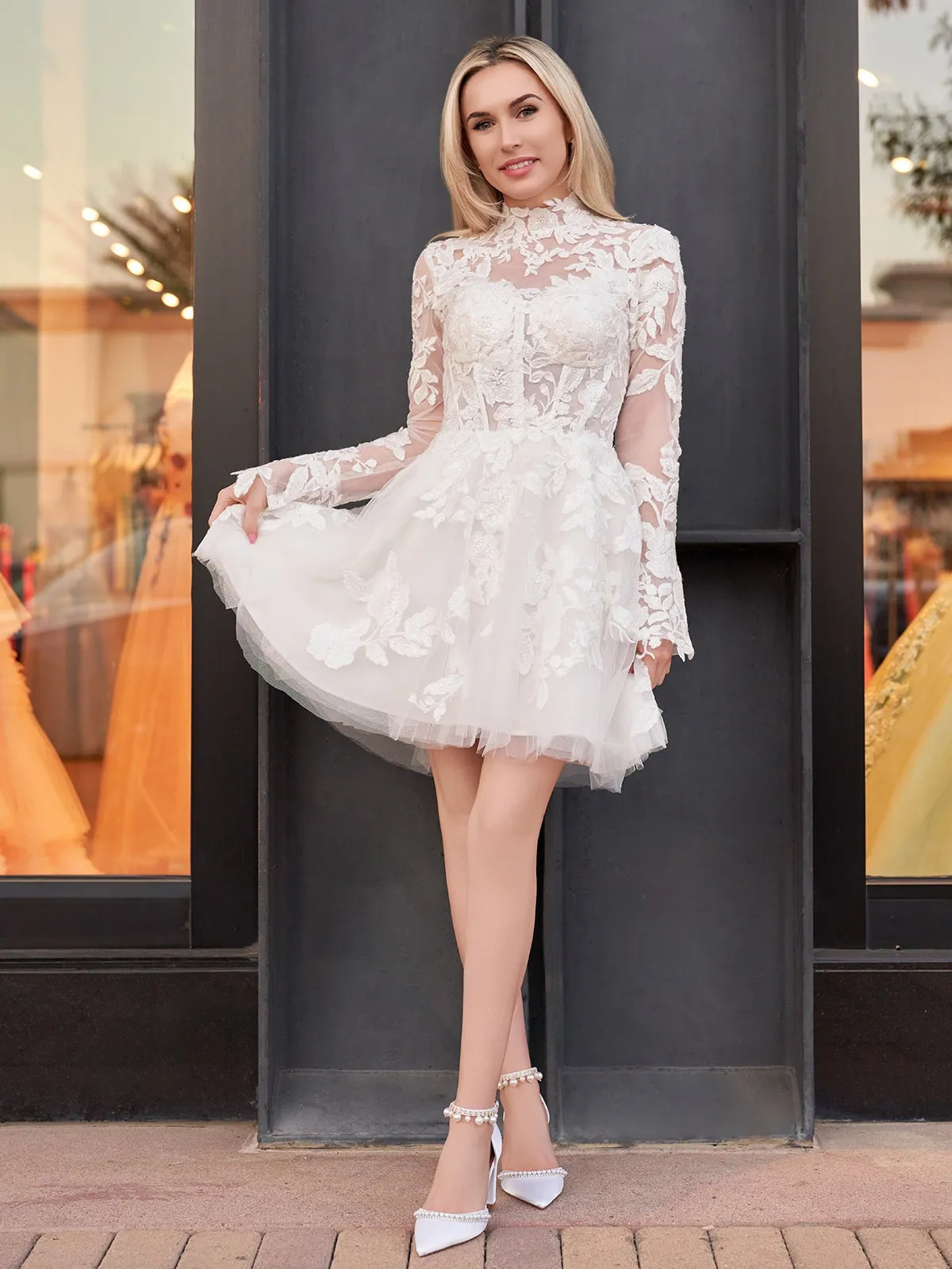 White A-Line Illusion Neck Long Sleeves Short Lace Wedding Dresses