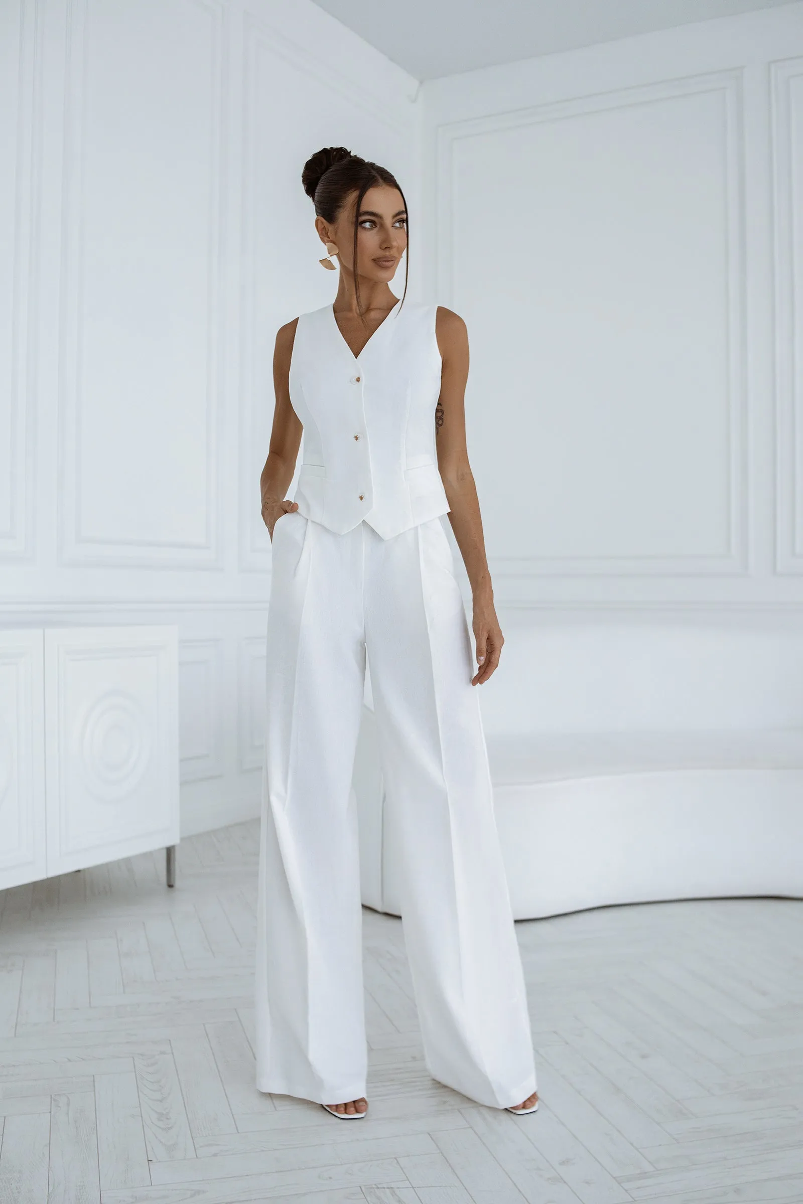 White Formal Vest  & High Waist Pants