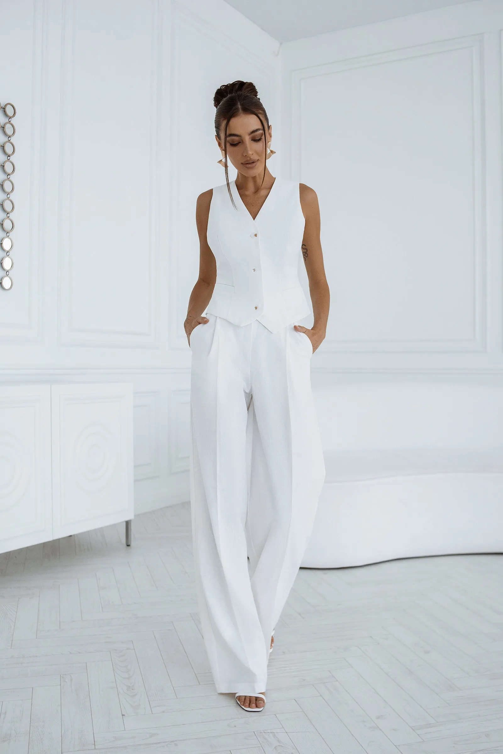 White Formal Vest  & High Waist Pants