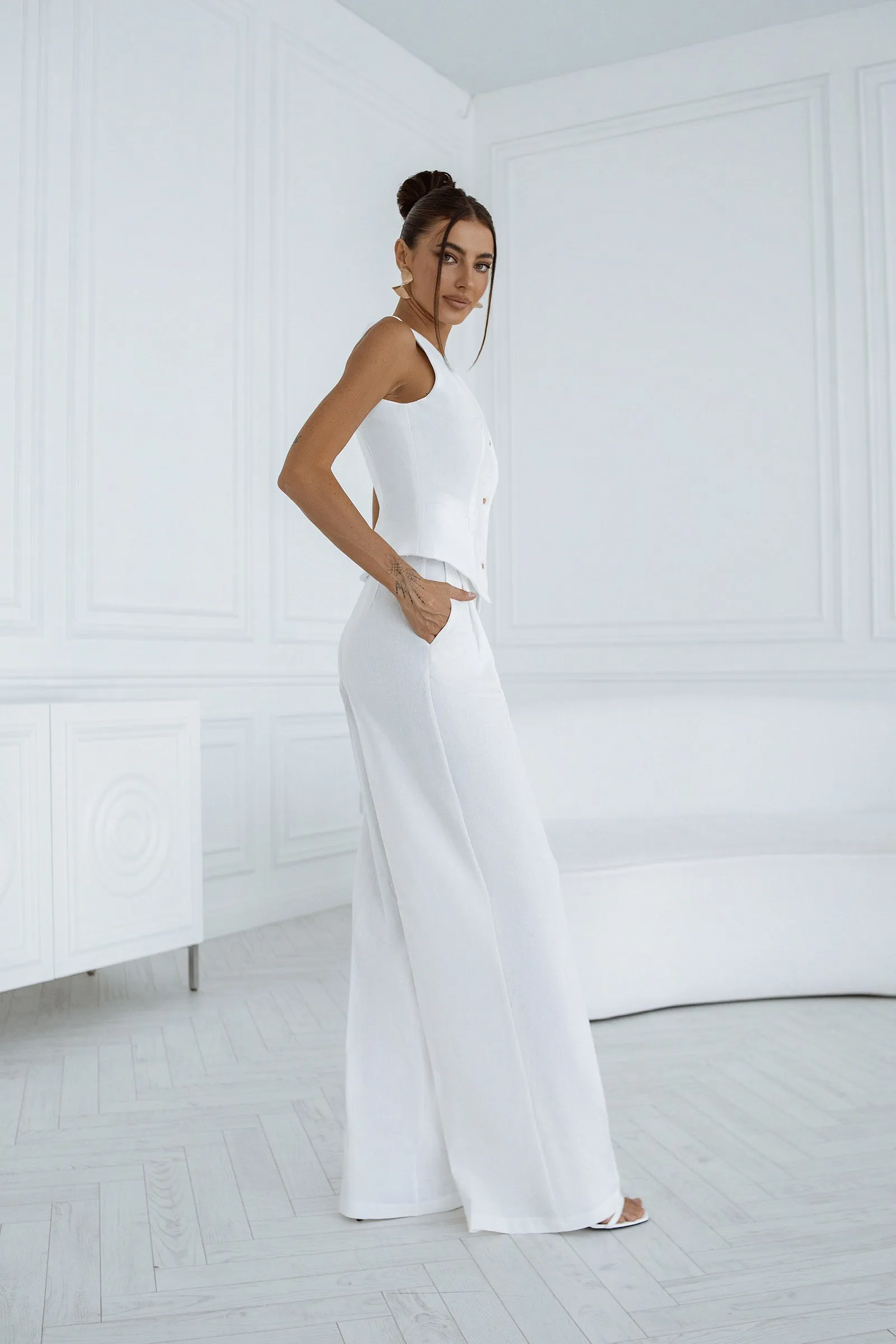 White Formal Vest  & High Waist Pants