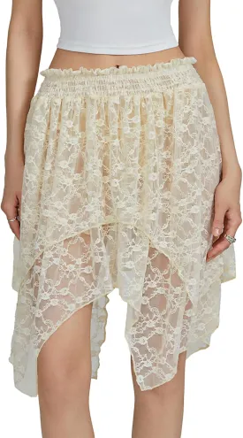 Women Ruffle Mini Skirt Y2k Lace Floral Half Skirt Low Rise Pleated Teen Girl Fairy A-line Flowy Short Underskirt