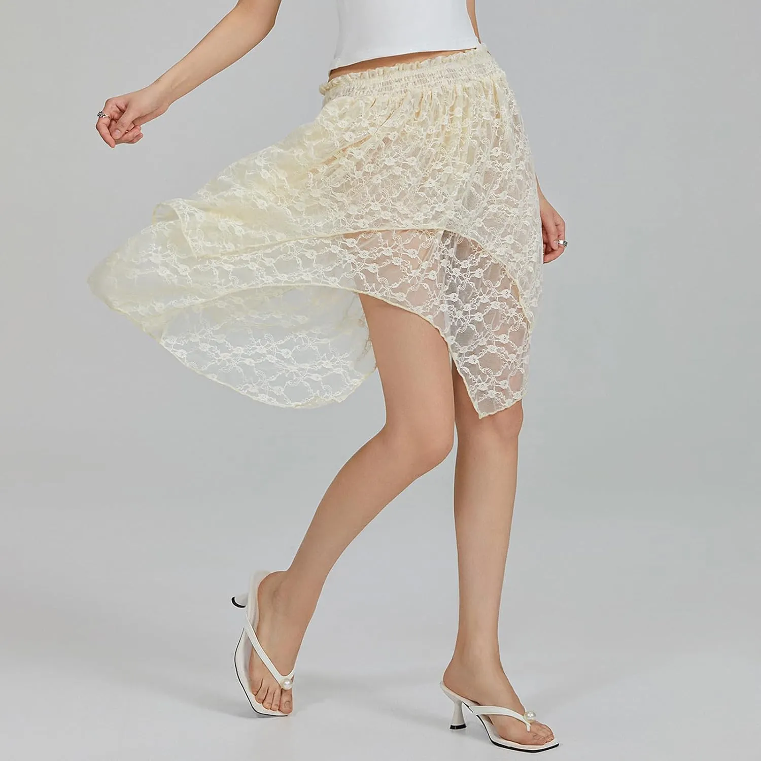 Women Ruffle Mini Skirt Y2k Lace Floral Half Skirt Low Rise Pleated Teen Girl Fairy A-line Flowy Short Underskirt