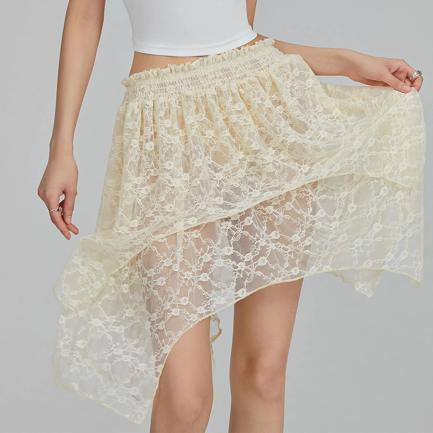 Women Ruffle Mini Skirt Y2k Lace Floral Half Skirt Low Rise Pleated Teen Girl Fairy A-line Flowy Short Underskirt