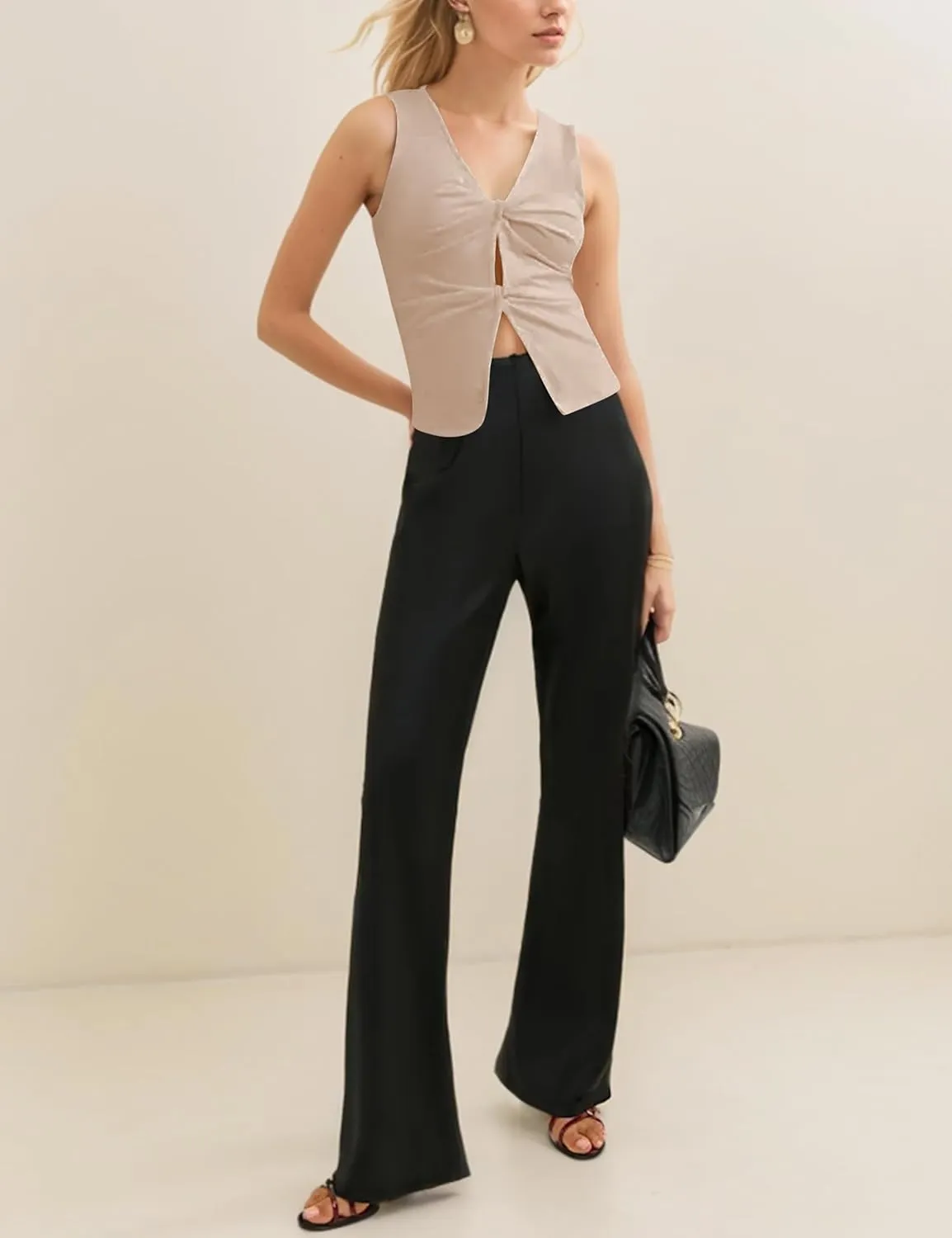 Women Sexy Twist Front Crop Tank Top Sleeveless Deep V Neck Summer Tops Solid Hollow Out Slim Fit Vest Top