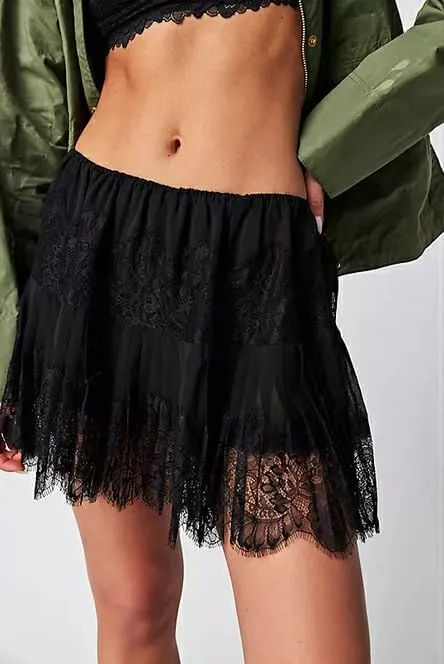 Women Y2k Lace Ruffle Pleated Mini Skirt Low Rise Half Slip Flowy Skirt Fairy Mesh Floral Layered Short Mini Skirts