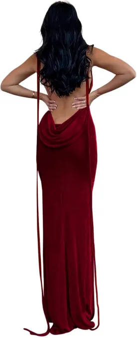 Womens 2025 Summer Backless Bodycon Maxi Dress Spaghetti Strap Halter Formal Cocktail Dresses Wedding Guest